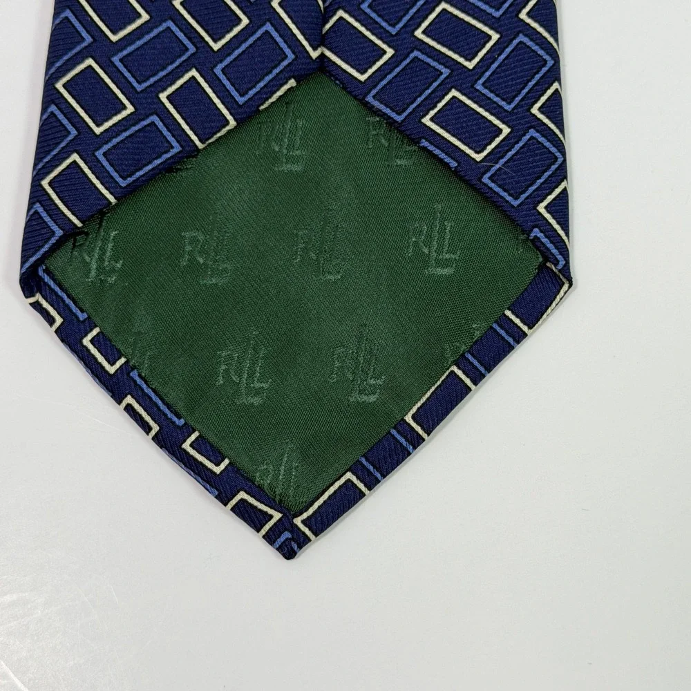 Lauren Ralph Lauren Mens Silk Tie Navy Blue Geometric Rectangle Pattern